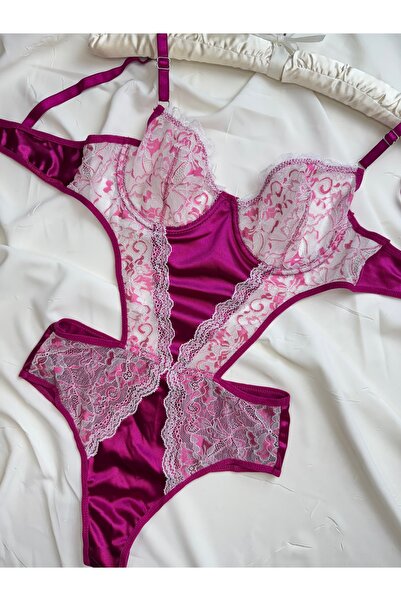 ROZENİN LINGERIE Fuşya Çiçek Işlemeli Saten Detaylı Bodysuit
