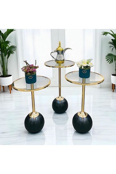 Gharaib Al Tuhaf Luxury Side Table Set - Black and Gold Spherical Base + Glass Top - 3 Pieces
