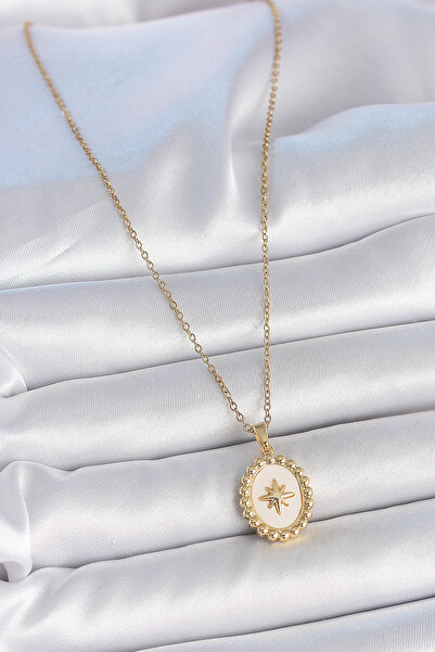 ForWhat قلادة ميدالية مطرزة على شكل نجمة من المينا البيضاء مع سلسلة من الفولا...