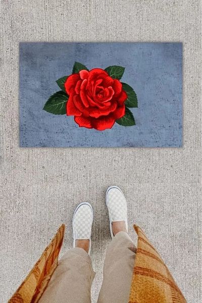 Mu Art Ahşap Digital Print Decorative Rose Anthracite Door Mat K-1295