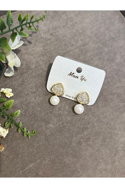 VİYA Gold Edge Zircon Stone Pearl Earrings Steel Earrings