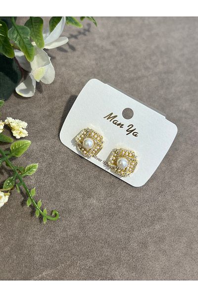 VİYA Gold Middle Pearl Edge Zircon Stone Steel Earrings