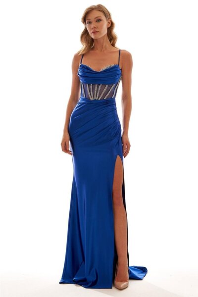 Elbisemhazır Transparan Tül Taş Detaylı Yırtmaçlı Saten Abiye Elbise