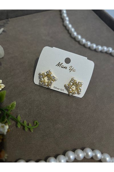 VİYA Gold Minimal Zircon and Pearl Stone Star Motif Steel Earrings