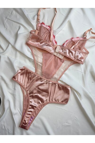 ROZENİN LINGERIE Pudra Transparan Dantel Çiçek Işlemeli Saten Detaylı Bodysuit