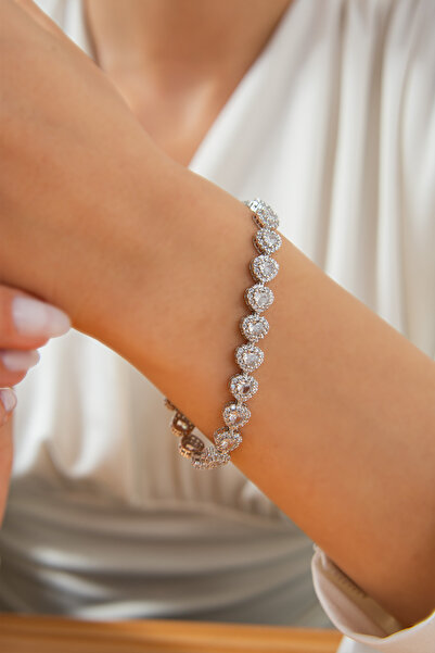 Luve Silver 925 Ayar Beyaz Zirkon Taşlı Kalpli Su Yolu Kadın Gümüş Bileklik