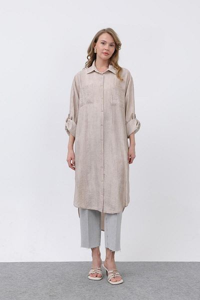 Puane Women's Front Pocket Detailed Long Tunic with Robe on the Back 10639Tun