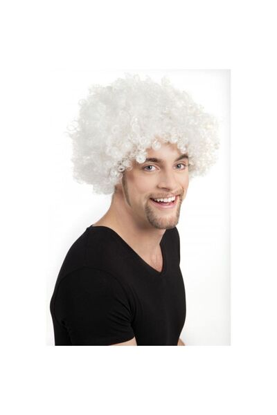 ForWhat Perucă albă ondulată afro bonus pentru birou, acasă, birou, activități, spectacol, costum