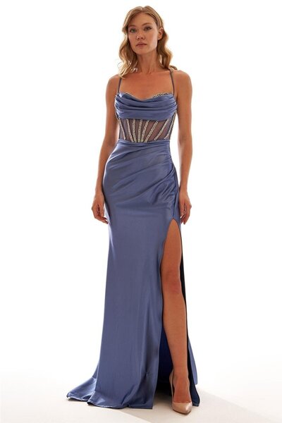 Elbisemhazır Transparan Tül Taş Detaylı Yırtmaçlı Saten Abiye Elbise