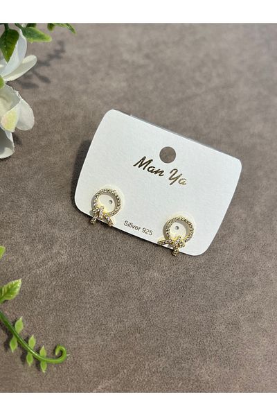 VİYA Gold Zircon and Pearl Stone Ribbon Motif Hoop Steel Earrings
