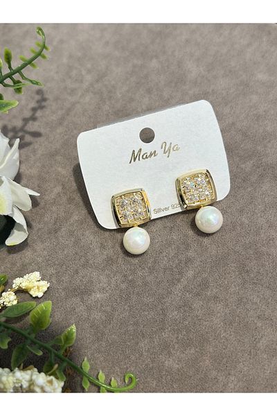 VİYA Gold Edge Zircon Stone Pearl Earrings Steel Earrings