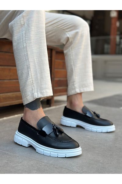 pabucmarketi Men's Casual Shoes with Tassel Belt Detail Black (White Sole)