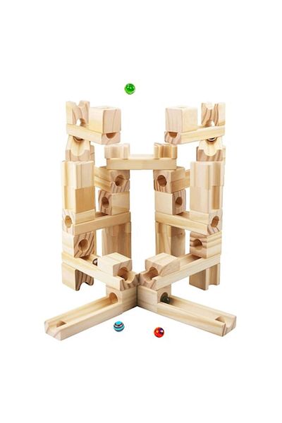 ONSHINE Set de constructie Marble Run din lemn cu bile din sticla, 60 piese, natur, Toyska®