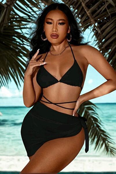 NQX PULL PROFESSIONAL Kadın Bikini Takımı Mayo Siyah Pareolu İp Detaylı Takım