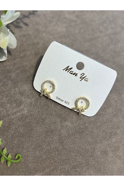 VİYA Gold Zircon and Pearl Stone Ribbon Motif Hoop Steel Earrings