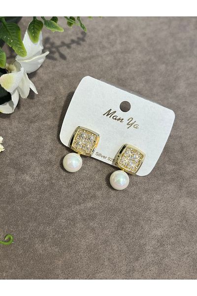 VİYA Gold Edge Zircon Stone Pearl Earrings Steel Earrings