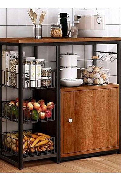 AGD Kitchen Storage Cabinet with Door and Shelves, Wooden Microwave Oven Stand, Free Standing Storage Sh