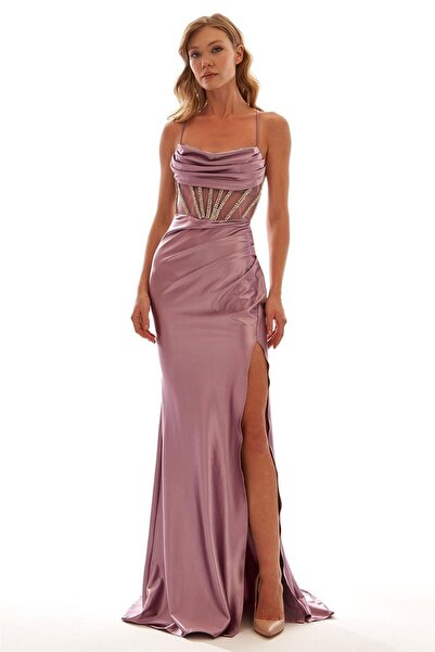 Elbisemhazır Transparan Tül Taş Detaylı Yırtmaçlı Saten Abiye Elbise