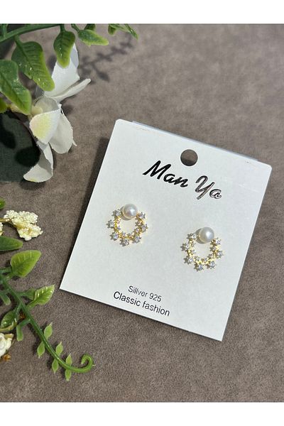 VİYA Gold Minimal Zircon and Pearl Stone Star Motif Steel Earrings