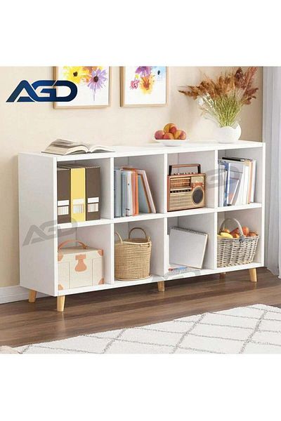 AGD خزانة كتب خشبية مستقلة ذات مستويين مع 8 مكعبات وأرجل، تصميم عصري بسيط، أرفف مفتوحة