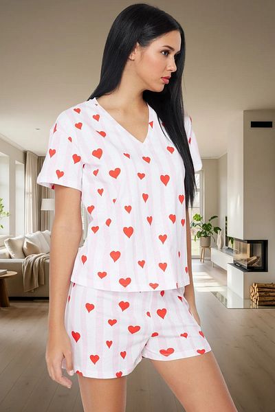 PayBuy Women's Short Sleeve V Neck Cotton Pajamas Set Striped Heart Pattern Summer Long Lasting High Quality