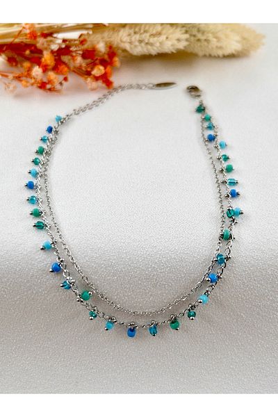 Siya Silver Double Chain Beaded Steel Anklet