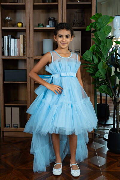 ddaniela فستان شبكي بحافة كشكشة أمامية مزينة بفيونكة للبنات الصغار، أزرق فاتح...