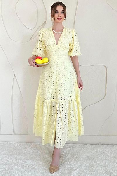 Elbee Fashion Woman Balloon Sleeve Detailed Low-Cut Brode Dress