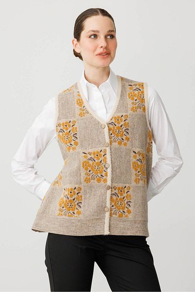 Desen Triko Women's Pıtırcık Floral Patchwork Felt Wool Vest Beige_Mustard