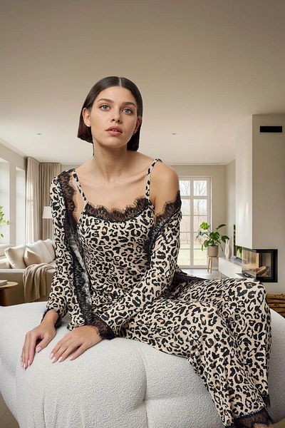 PayBuy Women's Leopard Patterned 3-Piece Pajama Set, Thin Strap Camisole Fabric, Comfortable and Stylish, Carefully Selected