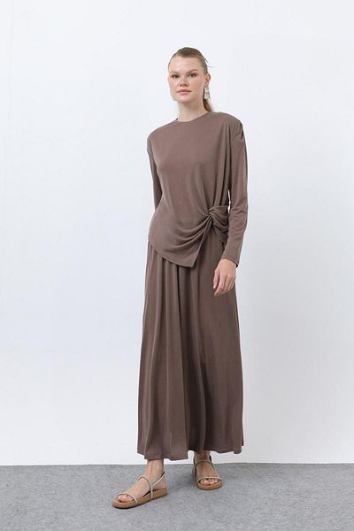 Puane Women's Front Knotted Cotton Detailed Skirt Suit 14347Tks