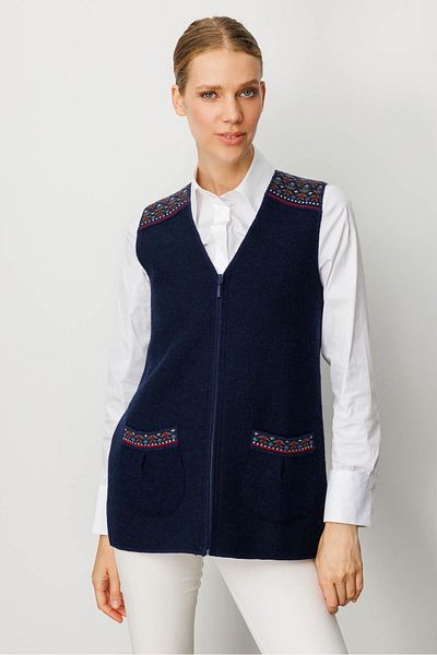 Desen Triko Women's V-Neck Front Felt Zippered Short Wool Vest Y.A.Navy Blue