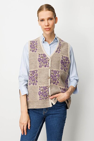 Desen Triko Women's Pıtırcık Floral Patchwork Felt Wool Vest Beige_Purple