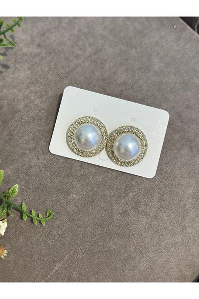 VİYA Gold Middle Pearl Round Steel Earrings with Zircon Stone on the Edges
