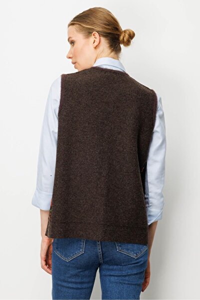 Desen Triko Women's Pıtırcık Floral Patchwork Felt Wool Vest K.Brown_Tile