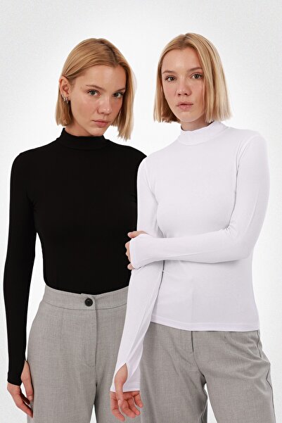 Yade Fashion Kadın Parmak Detaylı Body 2’li Set – Beyaz Siyah