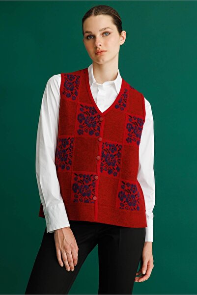 Desen Triko Women's Pıtırcık Floral Patchwork Felt Wool Vest Y.Red_K.Mor