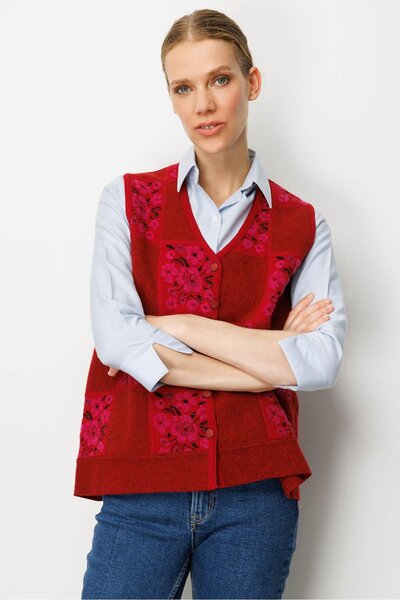 Desen Triko Women's Pıtırcık Floral Patchwork Felt Wool Vest Y.Red_Sıklamen