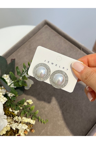 VİYA Öğretmenler Günü Hediyesi Gold Ortası İncili Kenarları Zirkon Taşlı Yuvarlak Çelik Küpe