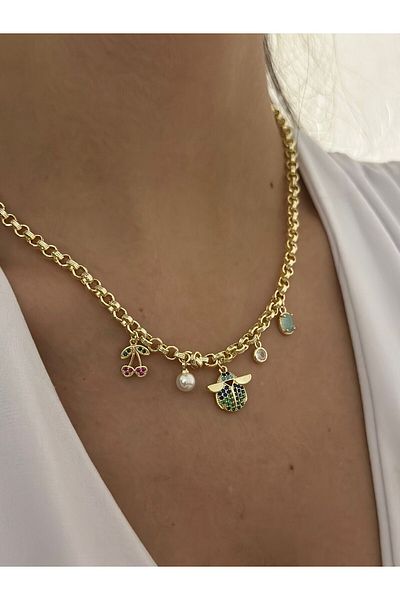 MyladyAccessoriess Charm Steel Necklace with Bee and Cherry Detail