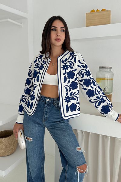 FEMELLE Women's White Navy Blue Floral Embroidered Sports Casual Jacket
