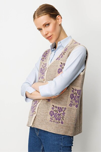 Desen Triko Women's Pıtırcık Floral Patchwork Felt Wool Vest Beige_Purple