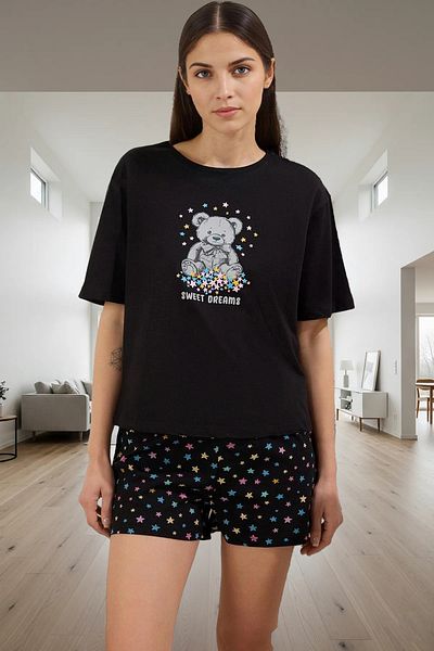 PayBuy Women's Summer Cotton Pajama Set Teddy Bear Print Comfortable Fit Professional Look for Daily Use