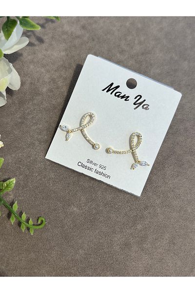VİYA Gold Zircon Stone Half Bow Steel Earrings