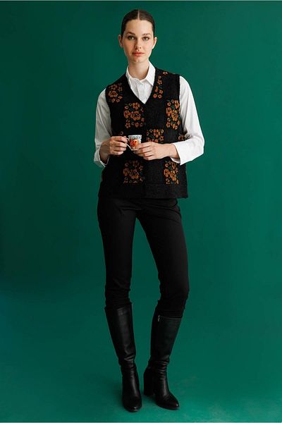 Desen Triko Women's Pıtırcık Floral Patchwork Felt Wool Vest Black_Cinnamon