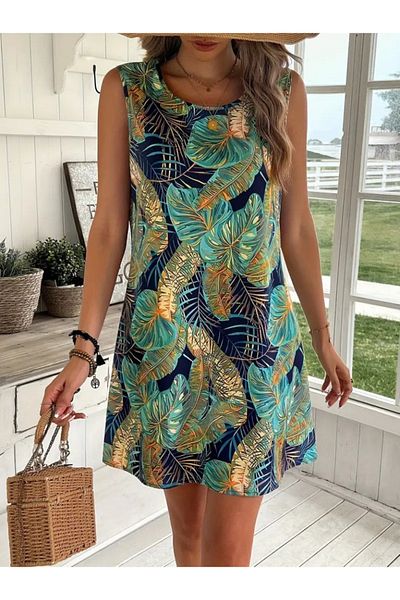 JANES Women's Zero Sleeve Round Neck Patterned Single Jersey Dress