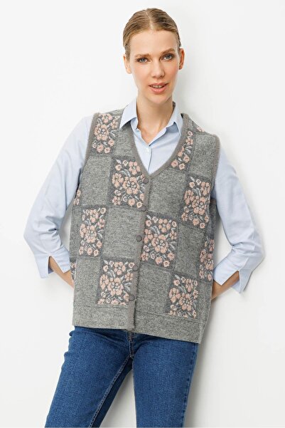 Desen Triko Women's Pıtırcık Floral Patchwork Felt Wool Vest Y.Smoked_A.Pink