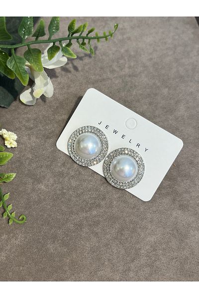 VİYA Gold Middle Pearl Round Steel Earrings with Zircon Stone on the Edges