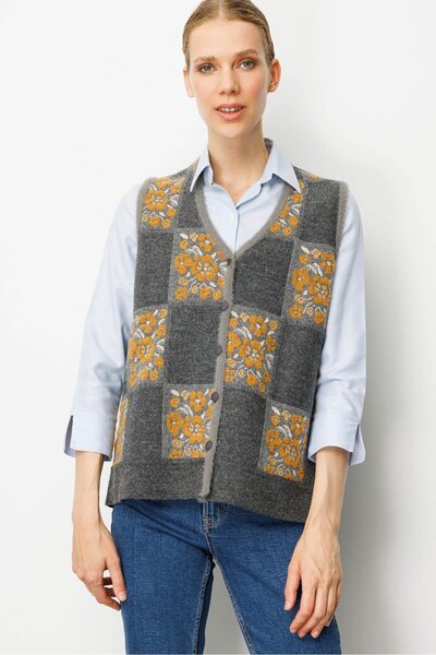 Desen Triko Women's Pıtırcık Floral Patchwork Felt Wool Vest Smoked_Mustard