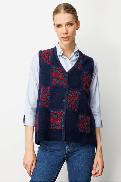 Desen Triko Women's Pıtırcık Floral Patchwork Felt Wool Vest Y.A.Lacivert_K.Red